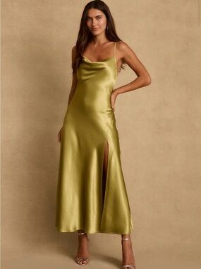 12th Tribe Mustard Satin Slip Dress with Cowl Neck